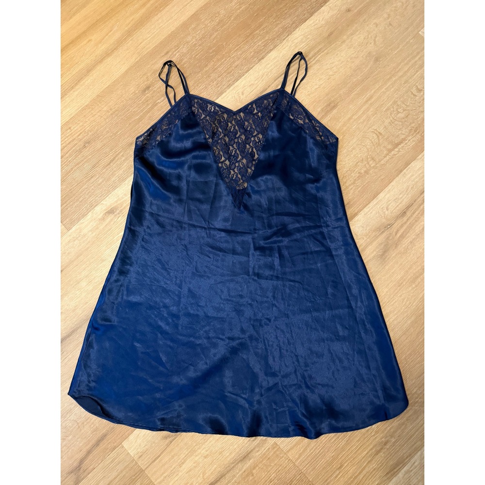 Solange Vintage Navy Blue Satin Lace Chemise Nightgown Size 14/16 Double Strap - Picture 2 of 10